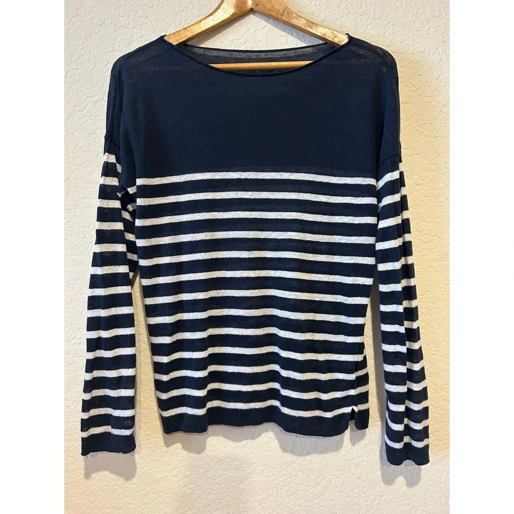 Uniqlo Womens Sweater Size L Navy Blue Striped 100% Linen Boat Neck Knit Coastal